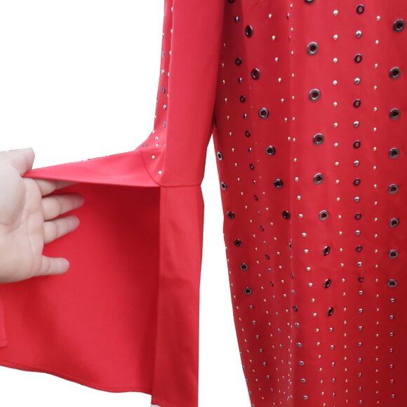 St John Couture Shift Dress Red Silk Long Sleeve Grommets Studs 16 - Picture 3 of 7